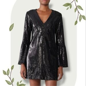 Nanette Lepore Sestina Black Sequin Bell Sleeve Party Cocktail Mini Dress- 4